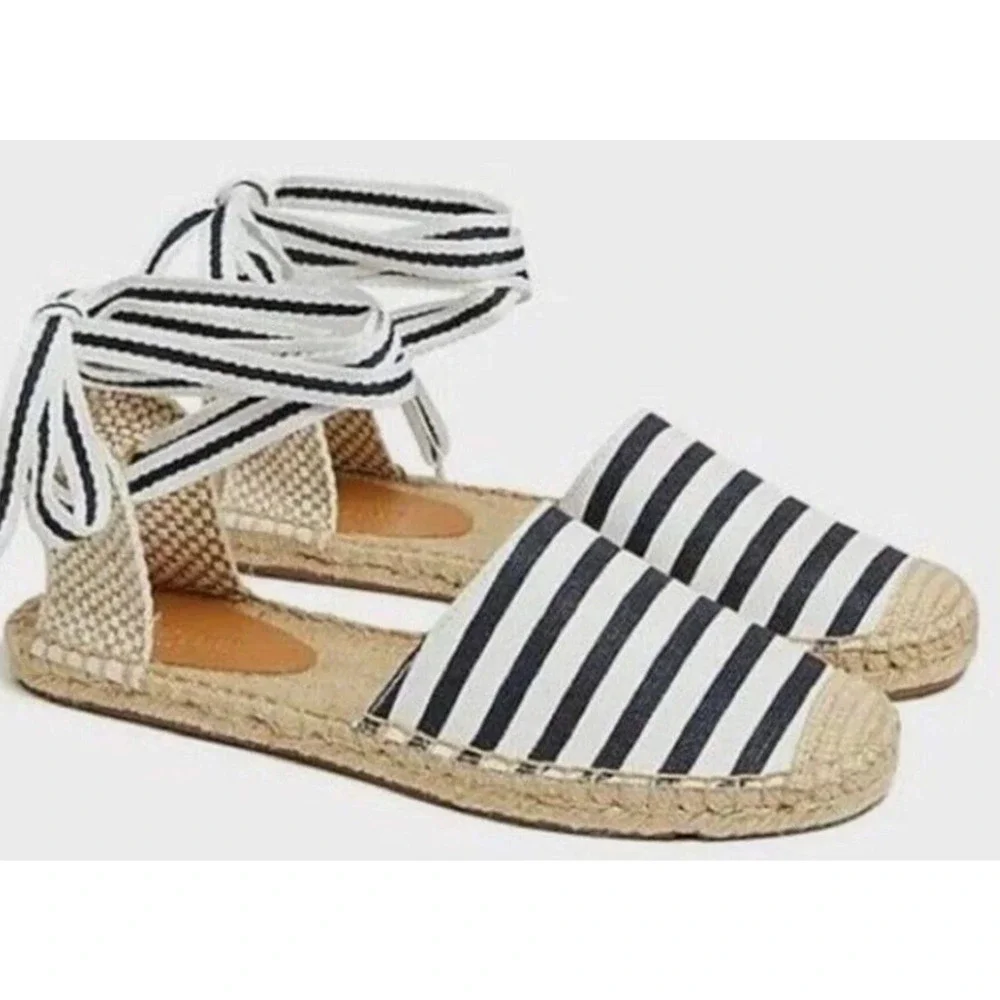 J. Crew Womens Sz 8.5 Striped Espadrille Flats w/Ankle Ties Boho Summer Sandals - Picture 9 of 9
